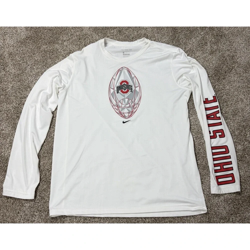 Nike Ohio State Buckeyes Long Sleeve Shirt Mens Large White Logo T OSU